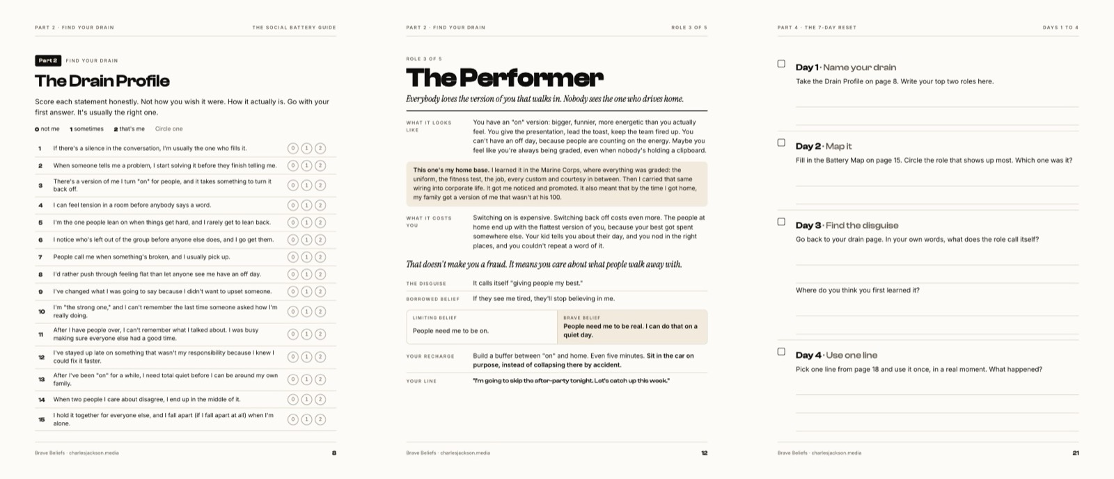 Three inside pages: the Drain Profile quiz, The Performer role page, and the daily tracker