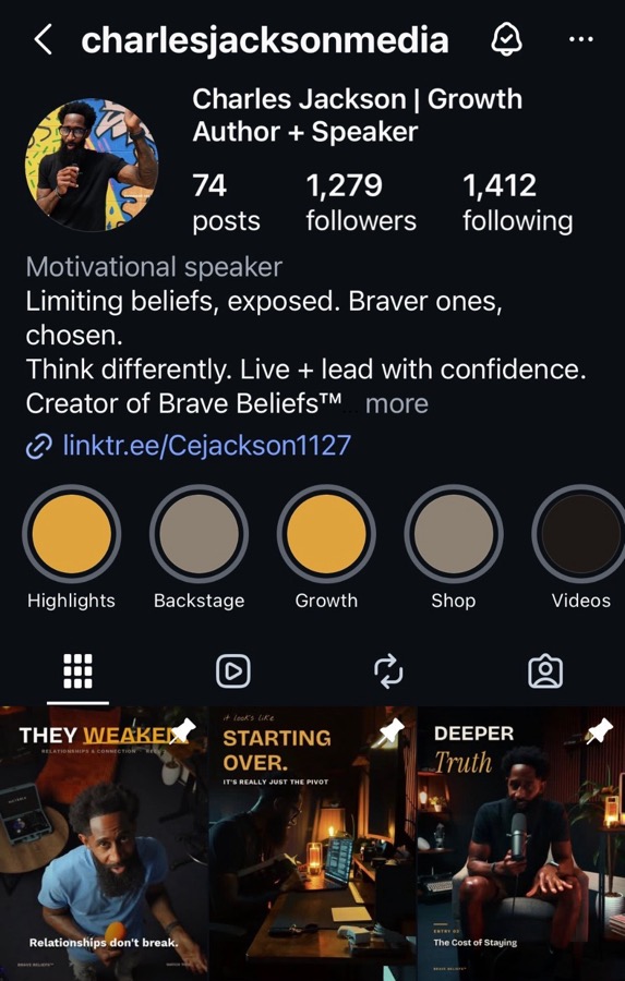 Instagram profile for @charlesjacksonmedia: Limiting beliefs, exposed. Braver ones, chosen.